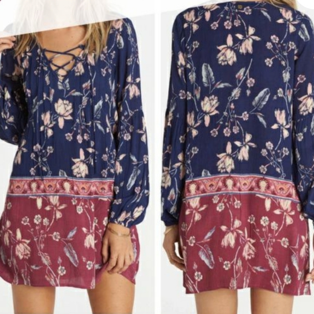 Billabong Just Like You Boho Blue and Pink Floral Pattern Tunic Mini Dress